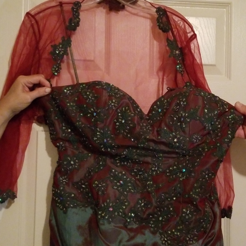 Strapless iridescent dark green to deep red dress